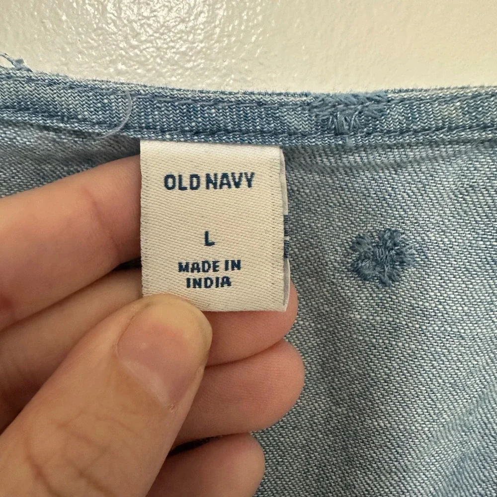 OLD NAVY | Blue Denim Chambray Embroidered Cutwork Eyelet Peasant Mini Dress, L - Picture 7 of 10